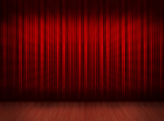 Red curtain with wooden floor