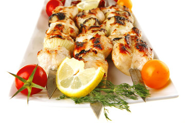 roasted pork kebab on white