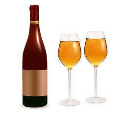 Bottle with white wine and two glasses. Vector