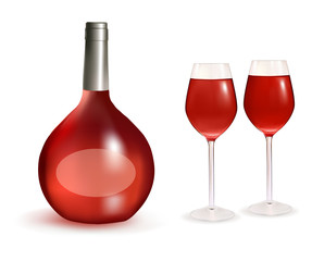 Two glasses of pink wine and bottle. Vector illustration