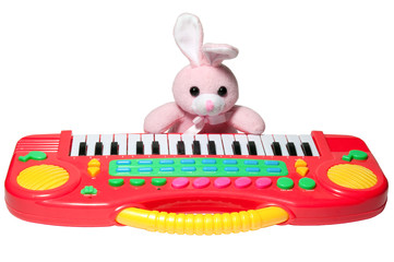 pink bunny with synthesizer
