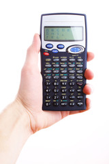 Hand holding scientific calculator. Isolated
