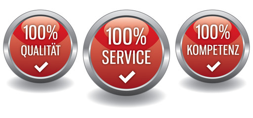 Button - Qualität Service Kompetenz - set rot