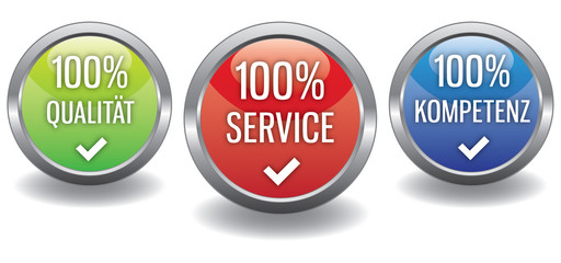 Button - Qualität Service Kompetenz - set grün rot blau