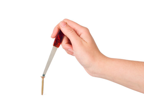 The woman twists a screw a nail file