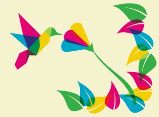 Papier Peint photo Lavable Animaux géométriques Colibri et fleur de printemps