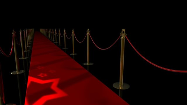 Red carpet with luminous stars isolated on black 3d