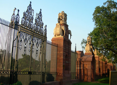 Indian Parliament building gates in New Delhi, India