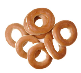 Ring bagels on a white background