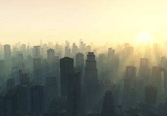 city at misty sunrise