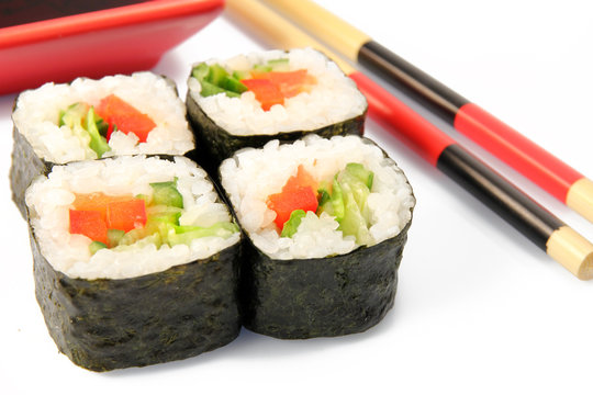 Maki sushi. Japanese cuisine on white