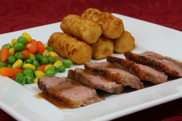 entenbrust mit Gemüse und Kroketten