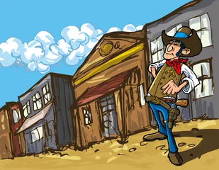 Rolgordijnen Cartooncowboy in een westelijke stad in het oude westen © antonbrand