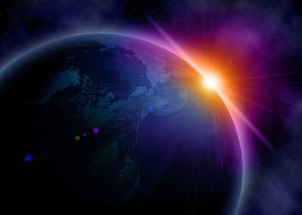Planet earth with sunrise in space