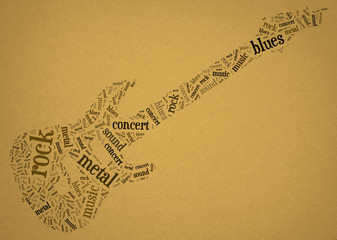 Obraz premium Tagcloud: guitar silhouette of music words