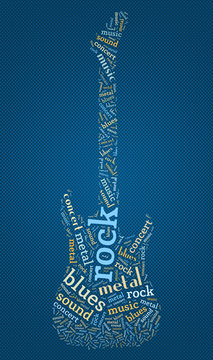 Tagcloud: guitar silhouette of music words