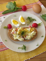 Eiersalat mit Kresse und Radieschen auf Dinkelvollkornbrot