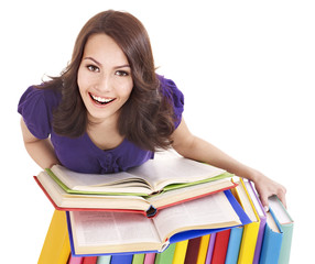 Girl with pile color book .