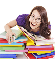 Girl in glasses with stack book .