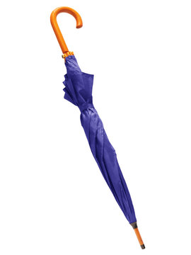 Folded blue umbrella.