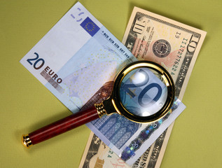 Detail of Twenty euro Bill Through a Magnifying Glass