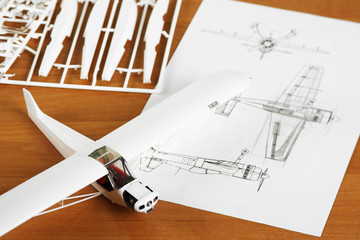 kit for assembling white plastic airplane model with scheme