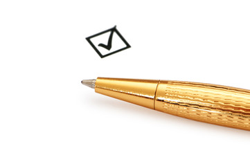 Tick box and pen isolated on white