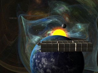 Garbage ship in Sun system over Earth