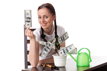 Young woman with money tree.