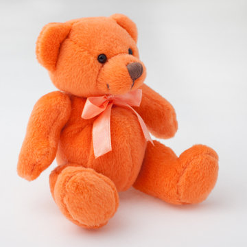 Orange teddy bear sitting on white background