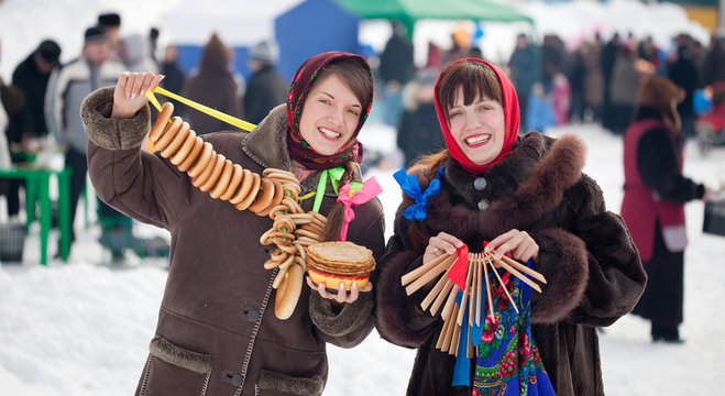 girls celebrating  Shrovetide  at Russia