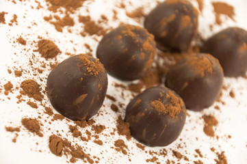 Chocolates sprinkled with cocoa, isolated on a white background