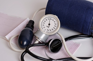 Photo of pressure gauge over a electrocardiogram close up.