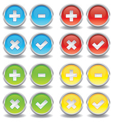 Button Set - Plus, Minus, Mal, Haken - blau, rot, grün, gelb