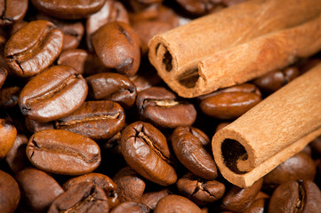 Coffee grains and sticks of cinnamon
