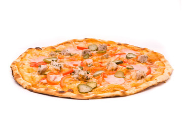 Pizza with sauce, cheese, marinated pork, ham, peppers, gherkins