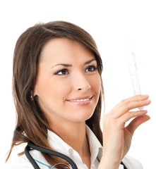 Female doctor or nurse with syringe, isolated on white