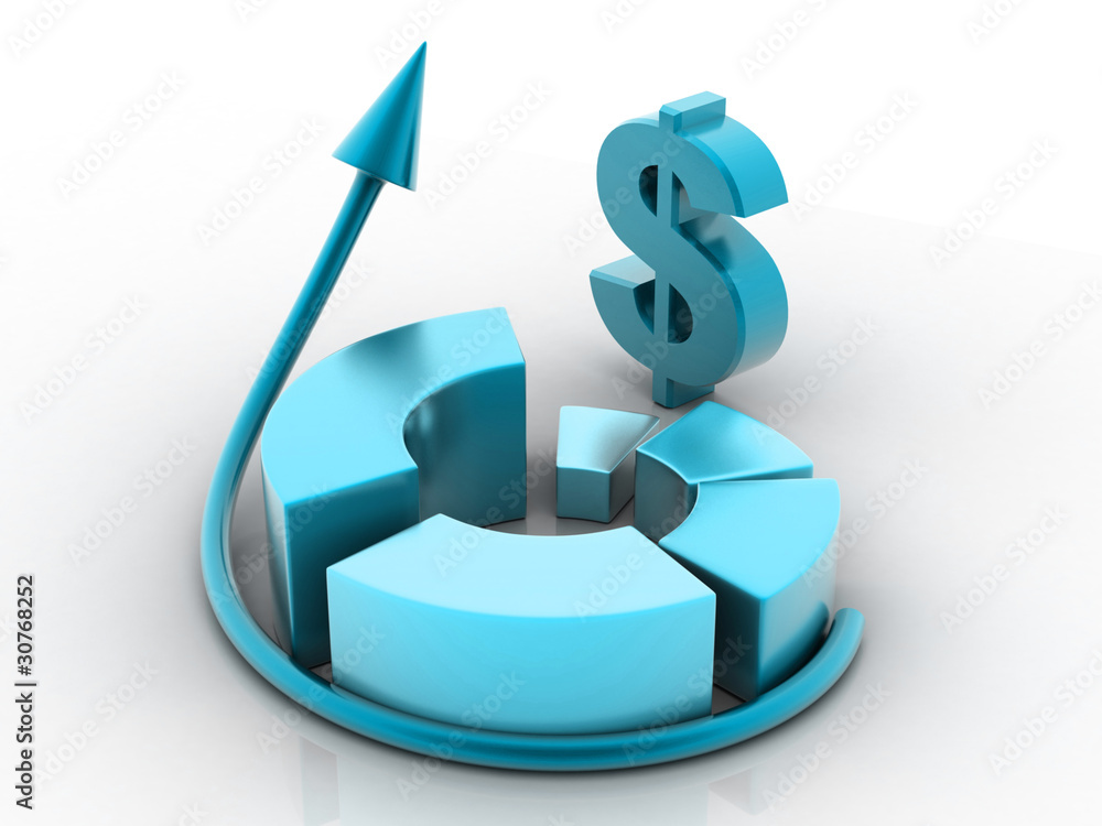 Poster 3d pie chart graph dollar & up arrow