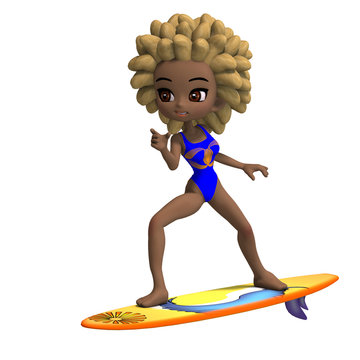 cute cartoon girl in a swimsuit standing on a surfboard. 3D