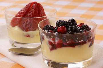 Custard with soft fruits and strawberries
