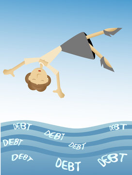 Woman falling into sea of debt
