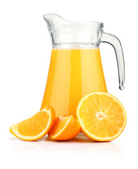 Jug of orange juice and orange fruits isolated