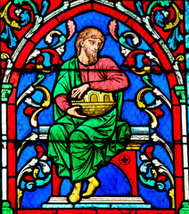 Stained glass window in the Notre Dame Cathedral in Paris