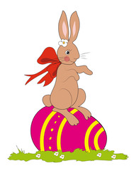 Hase mit Schleife sitzt auf pinkes Ei