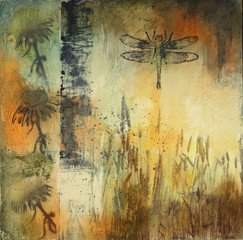 Mixed media painting with dragonfly