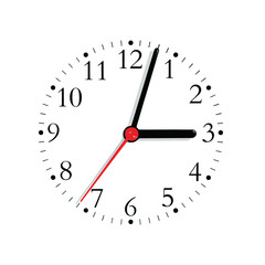 Analogue clock face dial in black and red hand, isolated