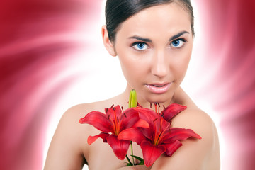Fototapeta premium woman with red flower on abstract background