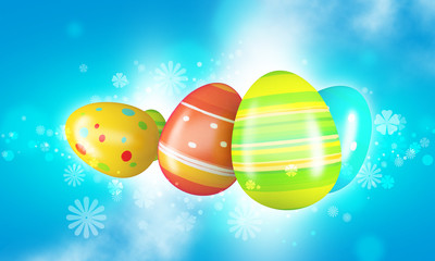 Easter eggs and chickens on blue background