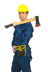 Handsome worker man with ax