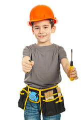 Little constructor boy giving screwdrivers